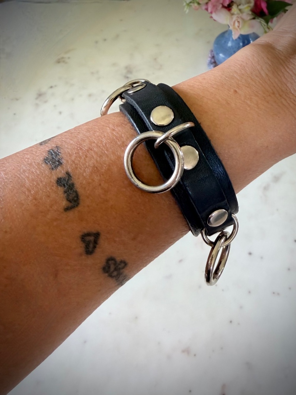 Ape Black Leather 3 Ring Wristband, Punk Goth